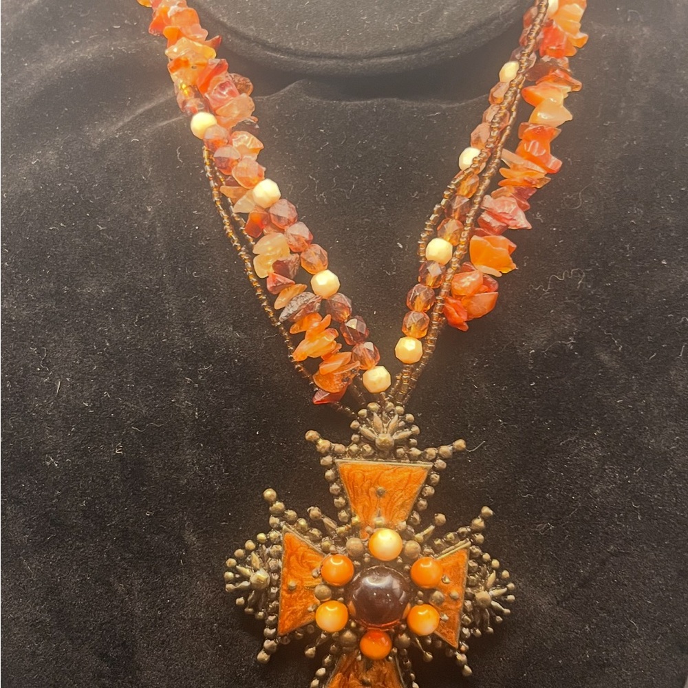 Orange Beaded Cross Pendant Necklace